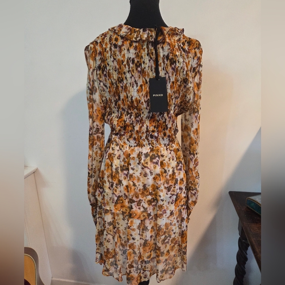 NWT Pinko Floral Mini Dress in Brown and Cream - Picture 5 of 16
